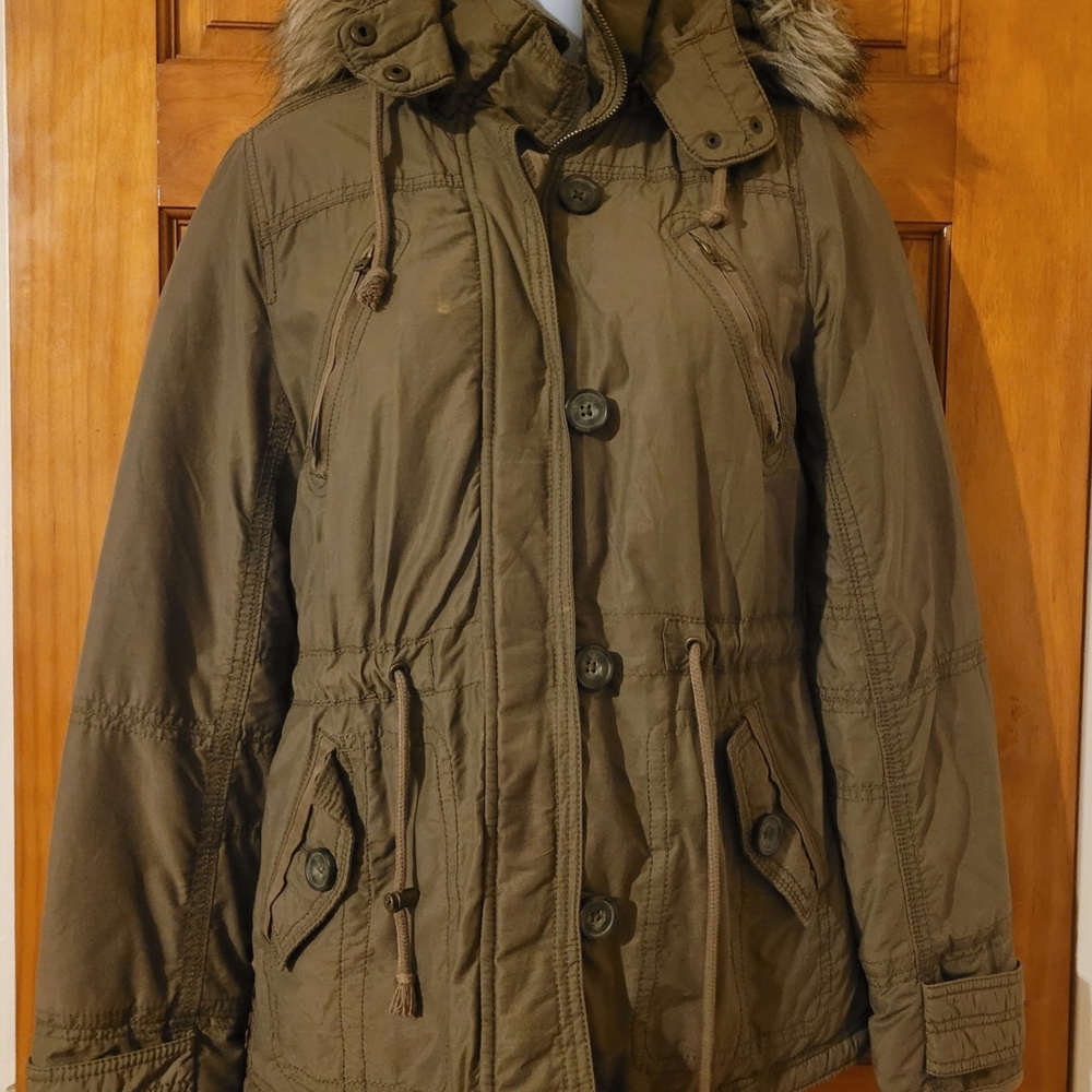 American Eagle Outfitters Brown Utility Jacket with Fur-Trimmed Hood